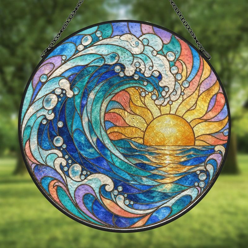 Vitrail à motif de vagues océaniques et soleil, panneaux de vitrail attrape-soleil pour la décoration de fenêtre