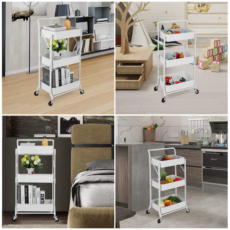 Foldable 3 Tier Metal Utility Rolling Cart, White
