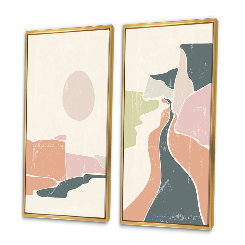 «Retro Coloured Vintage Landscape I», ensemble de 2 peintures, H 40 po x l 40 po x P 1,5 po, Toile avec cadre doré