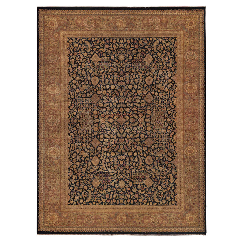 Hand-Knotted Black Floral Wool Rectangular Area Rug
