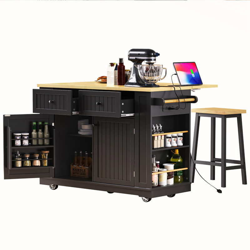 Kitchen Island with Drop Leaf, Black