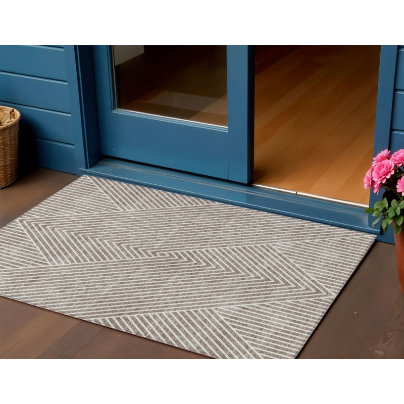 3' X 5' Taupe And Ivory Geometric Washable Indoor Outdoor Area Rug