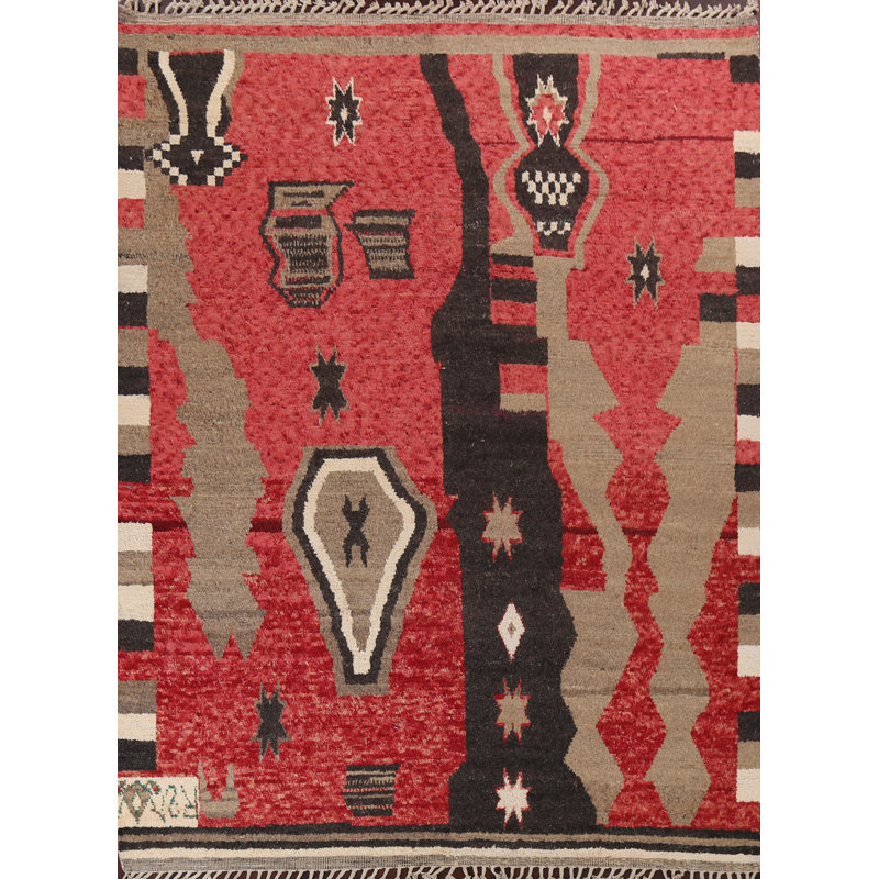 Tapis rouge en laine noué à la main de conception unique 8 pi 3 po x 10 pi 10 po marocain