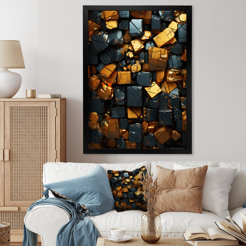 Grunge cubes dorés abstrait géométrique VI - art mural abstrait, Cadre photo noir, H 44 po x l 34 po x P 1,5 po