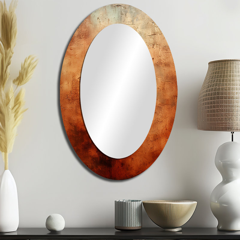 Orange Abstract Fire Chaos Art I - Orange Modern Oval Wall Mirror, 36" H x 24" W