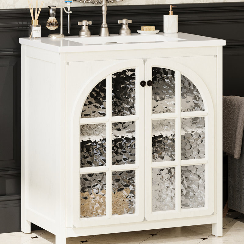 Meuble-lavabo de 31 po avec lavabo en céramique, cadre de porte saillant et rangement spacieux pour un style champêtre de 31 po avec portes, tablettes réglables et petites salles de bain
