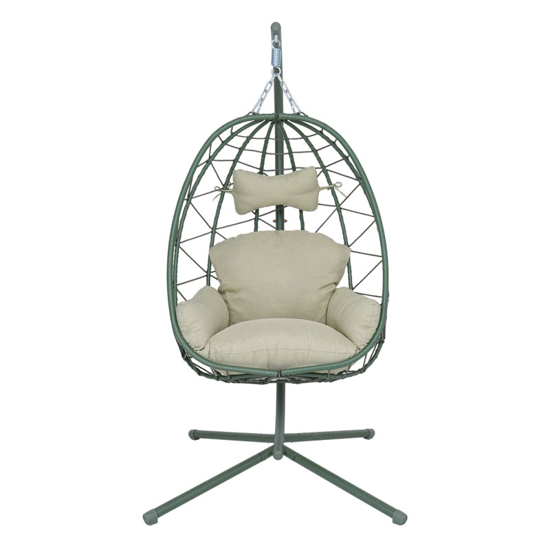 Fauteuil suspendu suspendu en osier avec support et coussin lavable pour patio, Cream, Green
