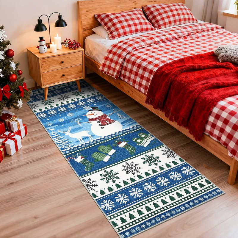 2x6 Christmas Runner Rug – Washable, Non-Slip, Santa & Reindeer Print, Low Pile, Foldable Carpet for Hallway, Kitchen, Bedside (Grey)