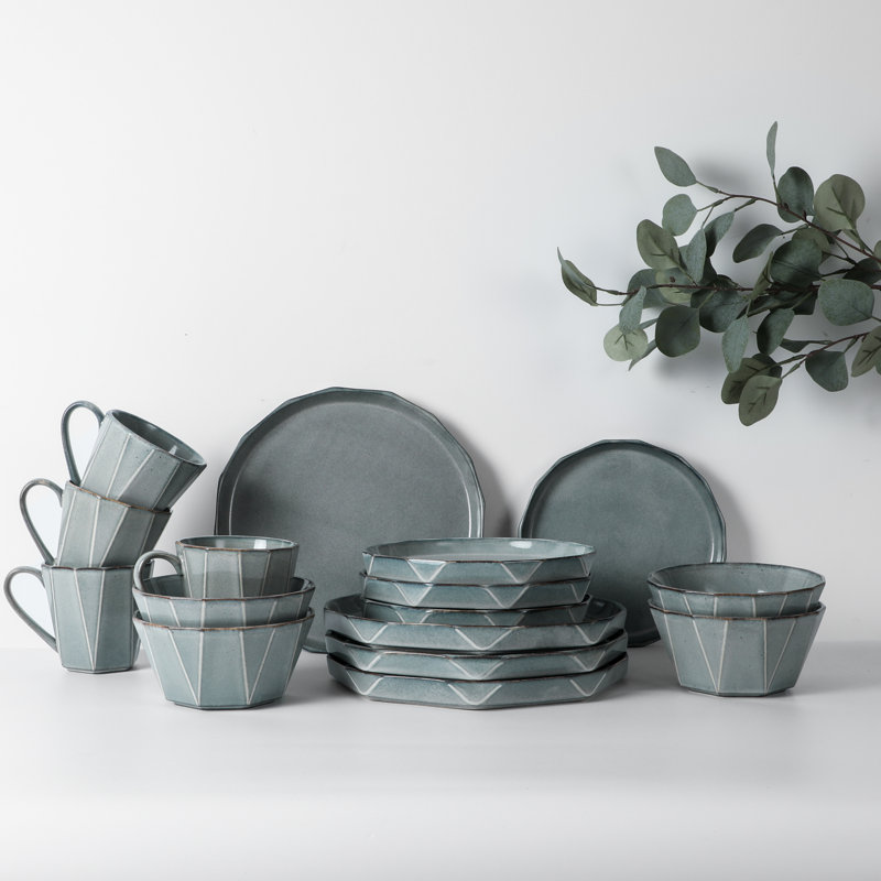 Stonewashed Gray Ceramic 16-Piece Dinnerware Set for 4