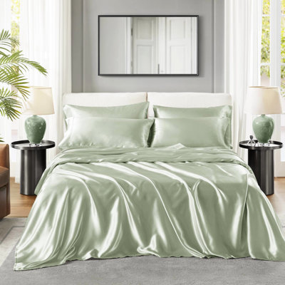 King Satin Luxury Bedding - Wrinkle- Feature. Suits Mattresses Up To 16". Contains 1 Flat Sheet, Fitted Sheet And 4 Pillowcases. Silky Serene. Materials. Sage Ensemble Wrinkle-. Up 16" Mattresses.