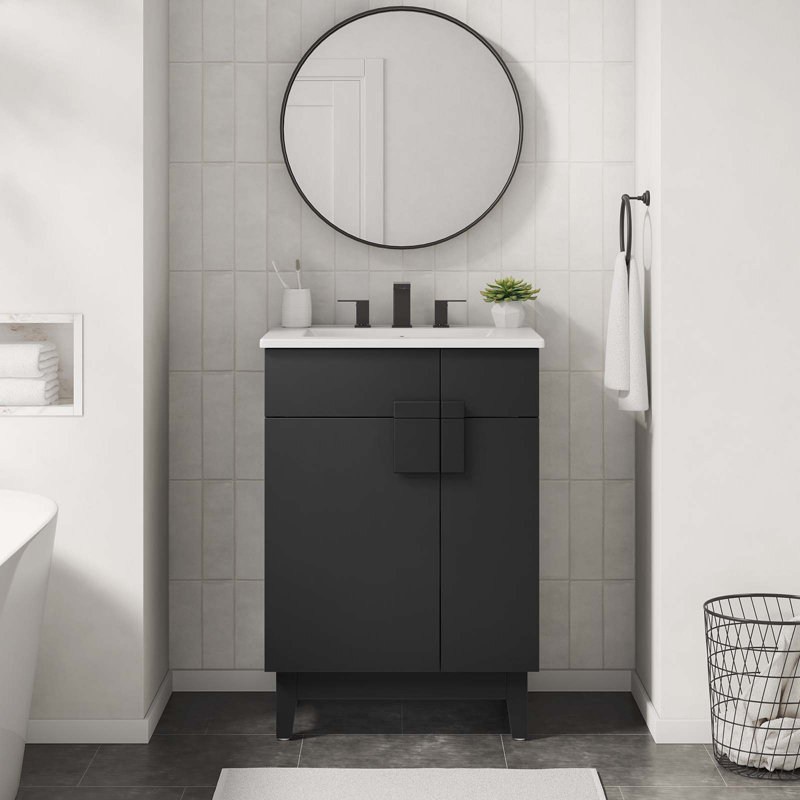 Miles 24" Black Particleboard Bathroom Vanity Cabinet with Rubberwood Legs
