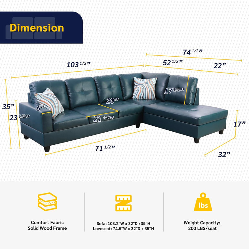 Bawan Faux Leather L-Shaped Sectional, Right Hand Facing, Blue Faux Leather