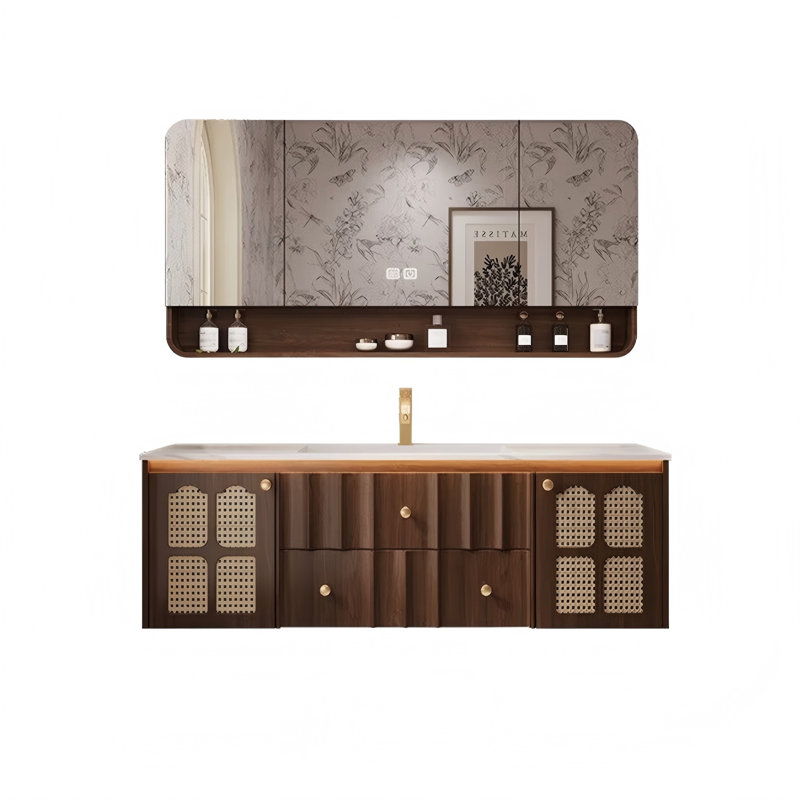 Meuble-lavabo en bois d'hévéa avec comptoir en pierre frittée, lavabo en céramique intégré et armoire à miroir intelligent