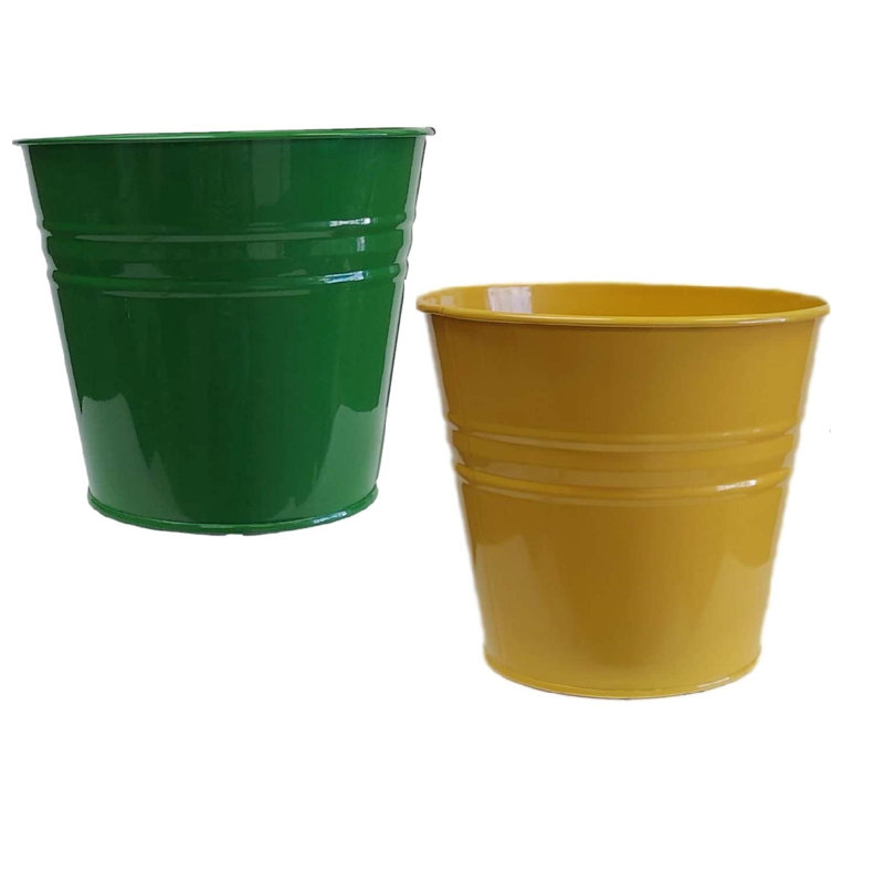 Enameled Galvanized Steel Planter For 6.5" Plants. Set Of Two, Green/Yellow