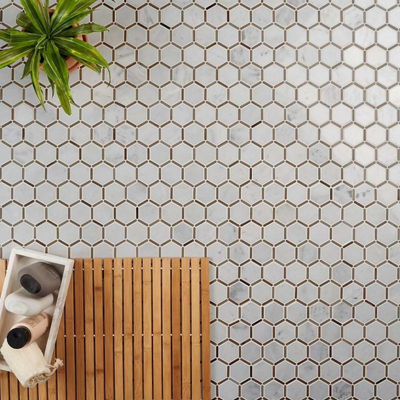 Florentine 2"Hexagon Polished Marble Mosaic, Asian Statuary White/Gray