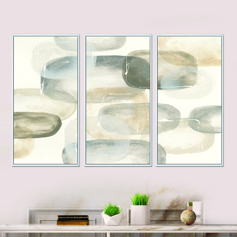«Neutral Oval Grey Stones II», ensemble d'art moderne sur toile encadrée moderne et contemporain, Blanc