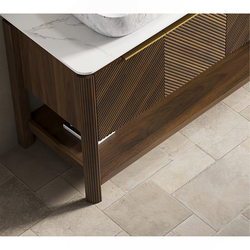 Armoire autoportante 60 po avec 4 portes et tablette ouverte, plateau en pierre frittée blanche, sans lavabo, sans robinet et bonde, noyer foncé