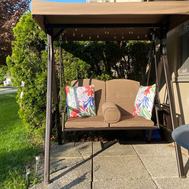 Balancelle de luxe à 2 places avec support et porte-gobelets, avec auvent et oreiller inclus, beige, Kaki, 61.4" W, Brun