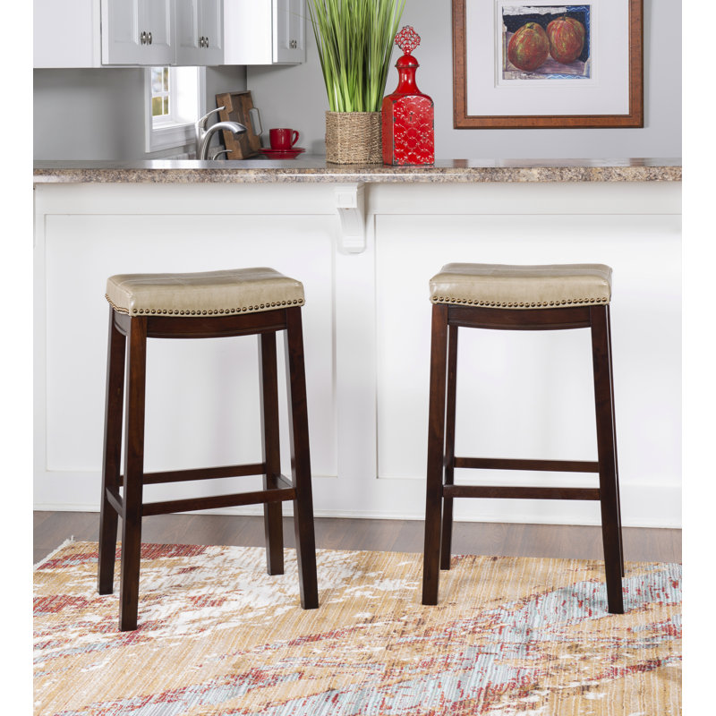 Arlyce 26.5" Solid Wood Backless Counter Stool with Vegan Leather Upholstered Seat, Beige, Bar Stool (32.25" Seat Height)