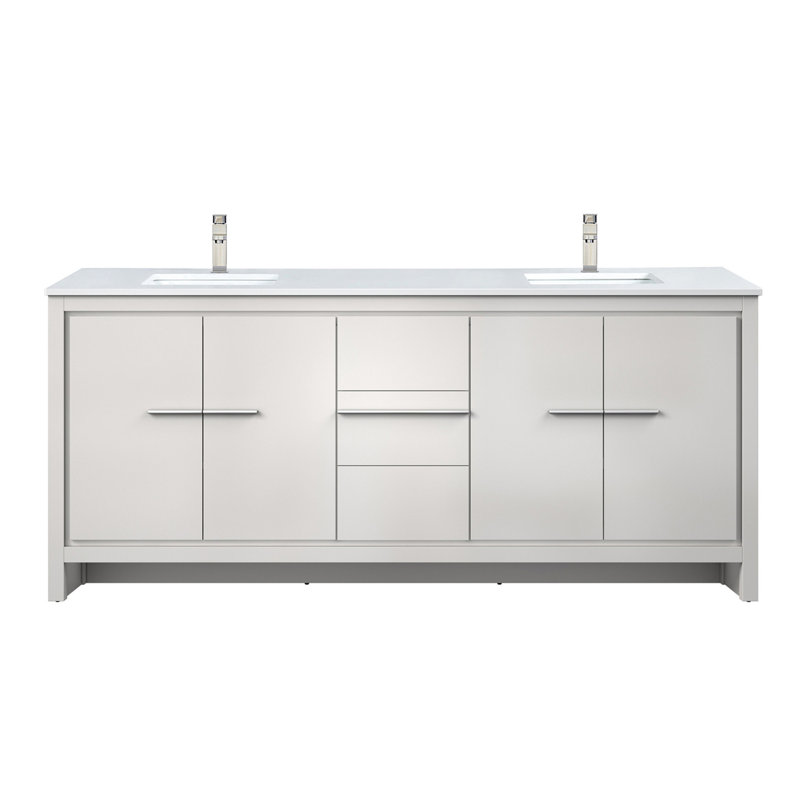 Meuble-lavabo blanc l 80 po x P 20 po avec comptoir en quartz et robinet en nickel brossé 20 armoires intérieures spacieuses