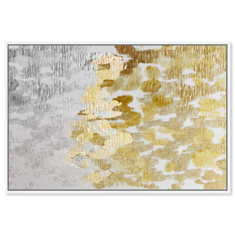 Abstract Gold Vs Platinum Paint Strokes Painting by The Oliver Gal Artist Co., White Mat, 30" H x 45" W, White Framed