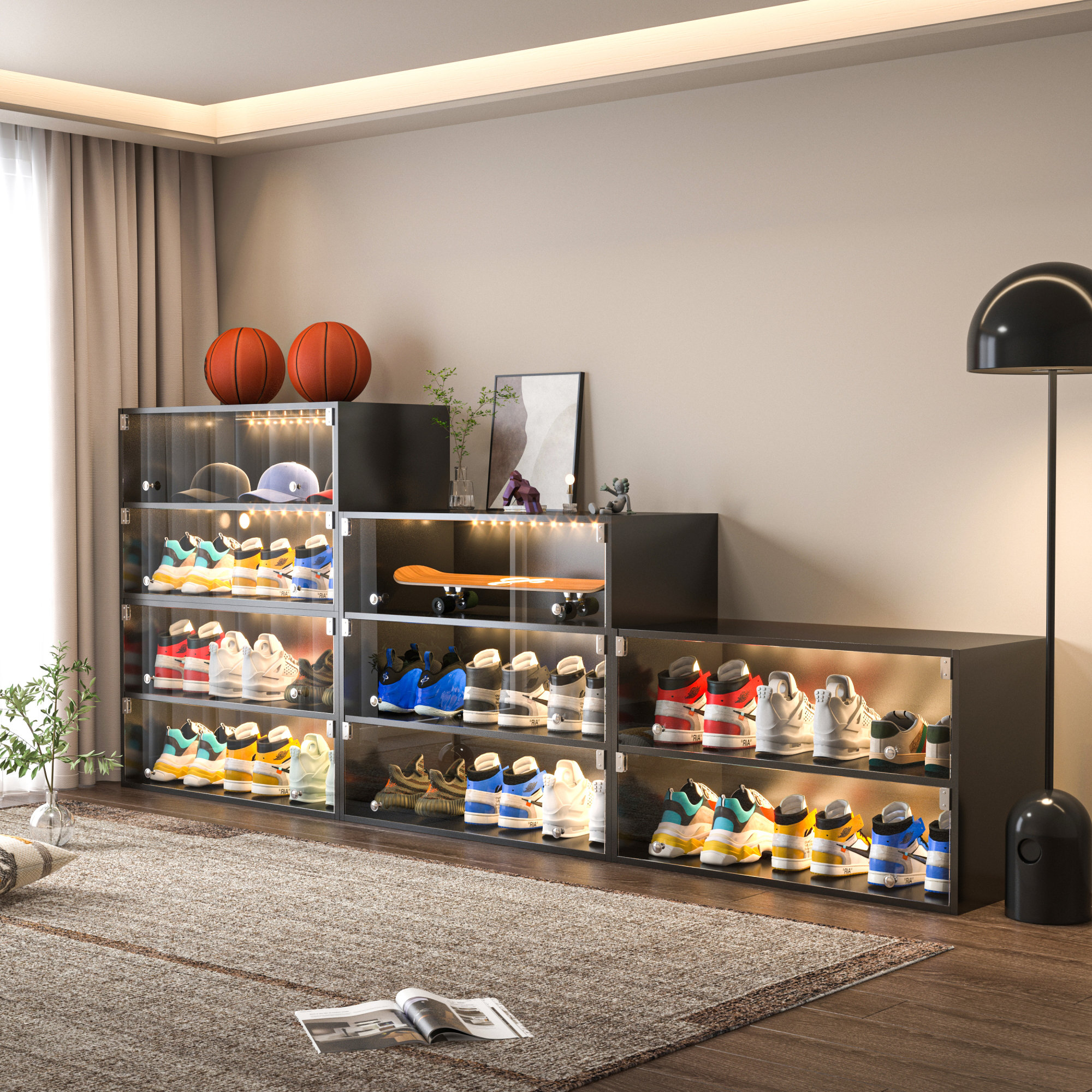 Black Glass Door Shoe Storage Cabinet with RGB LED Light