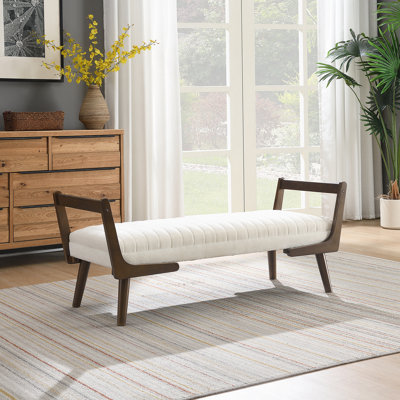 Mid Century Modern Bench With Walnut Wood Legs, Channeled Upholstered Footrest For Versatile Home Use, Chenille Fabric Beige