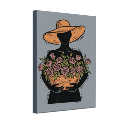 Silhouette abstraite, femme, chapeau, roses, panier