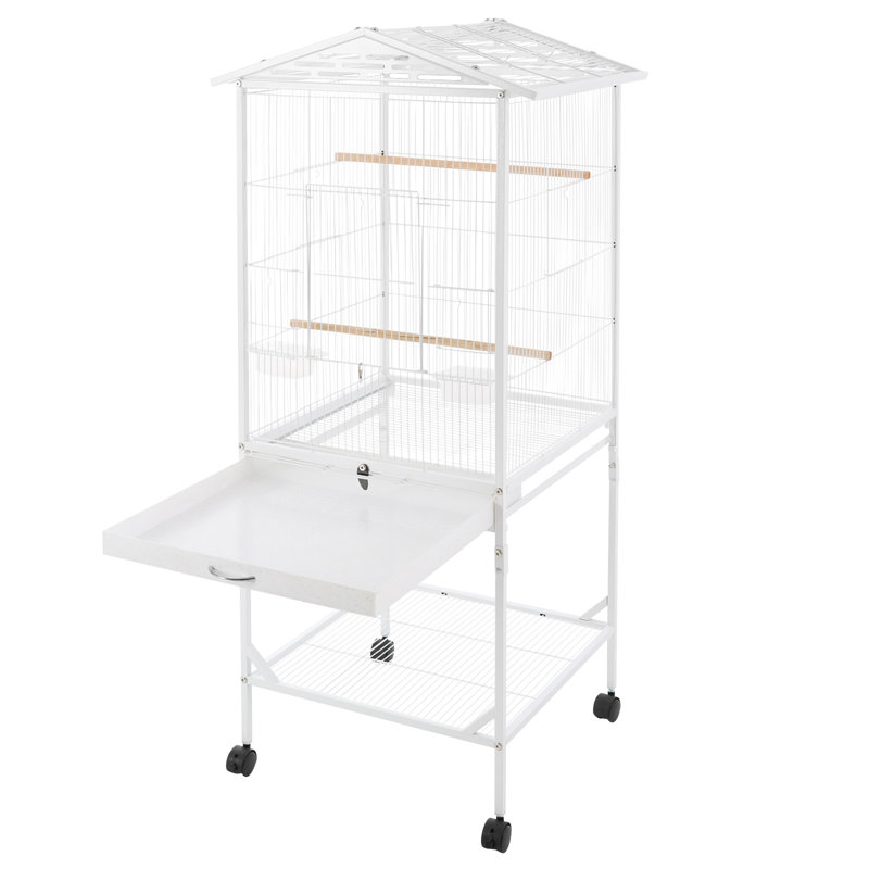 Cage à oiseaux roulante avec support, cage à oiseaux en métal sur roulettes, Blanc