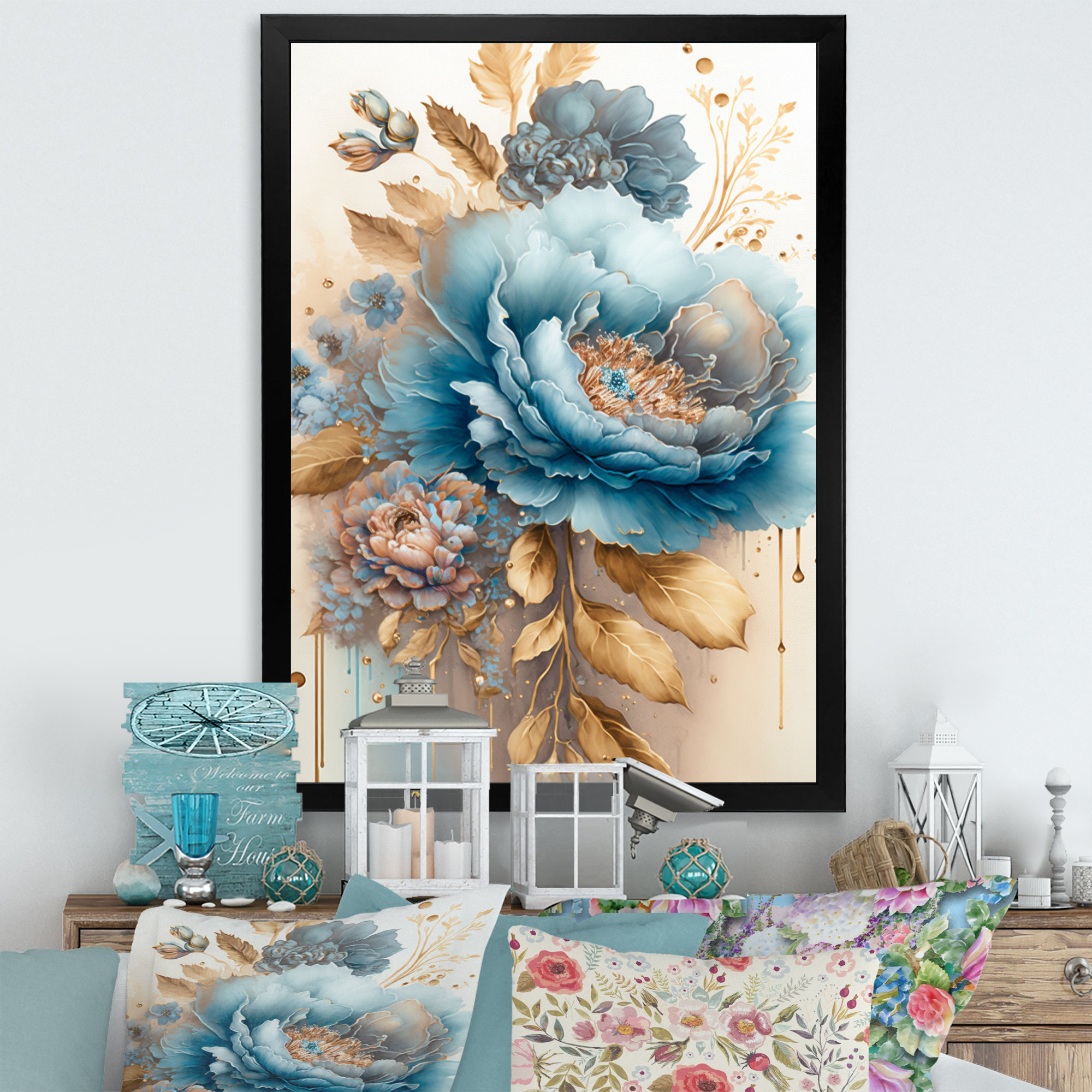 House of Hampton® Blue And Gold Mixed Floral Bouquet II On Canvas Print ...