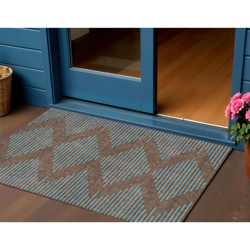 3' X 5' Brown And Aqua Geometric Washable Indoor Outdoor Area Rug