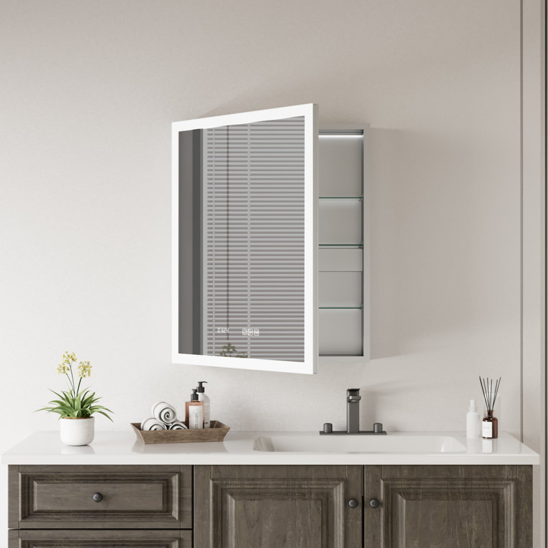 LED Medicine Cabinet Mirror with Lights, 24x30 Inch Bathroom Storage, Recessed/Wall Mount, Plug-in/Hardwired, 3 Color Dimmable Light, Anti-Fog, Time Temp Display, Right Hinge