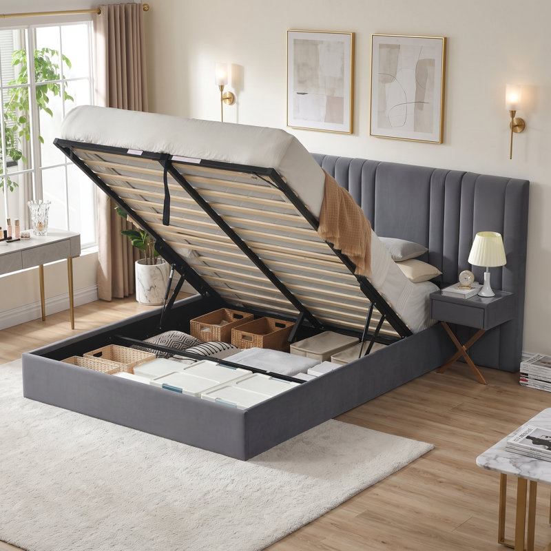 Lit plateforme de rangement capitonné en velours gris, style glamour contemporain, Queen, Grand lit, Gris