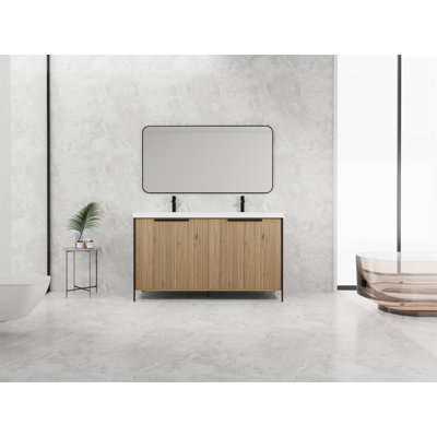 Meuble-lavabo autoportant de 60 po avec lavabo double en résine et 4 portes d'armoire à fermeture en douceur (KD-Packing) -W999S00298