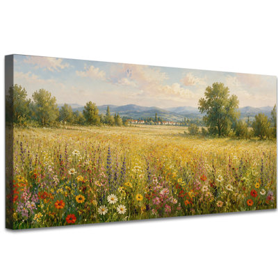 Art mural rétro sur toile paysage de prairie fleurie, décoration murale champ de fleurs sauvages pour le salon ou la chambre à coucher, œuvre de campagne champêtre, tendue avec châssis, prête à accrocher, (12 po x 24 po)