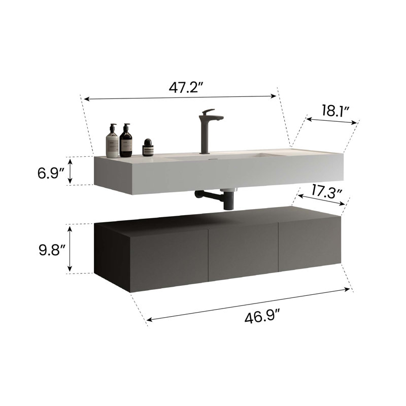 Meuble-lavabo mural avec lavabo et 3 portes à fermeture douce, Gris