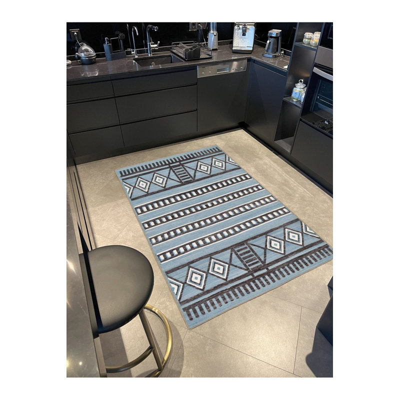 Tapis bleu clair tissé à la machine lavable à la machine, Sous-tapis rectangulaire 2 pi 6 po x 4 pi 11 po
