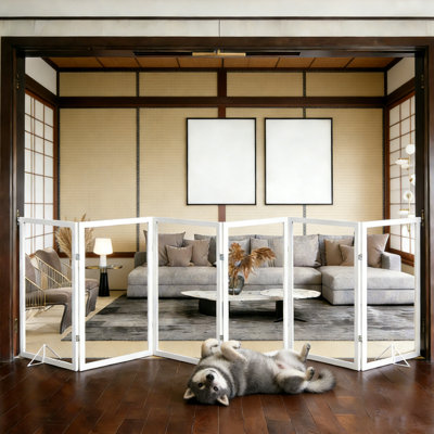 Clear 6-Panel Wooden Pet Gate - Extra Wide Freestanding Dog Gate with Clear Acrylic for Stairs/Hallway 24"H x 102"W