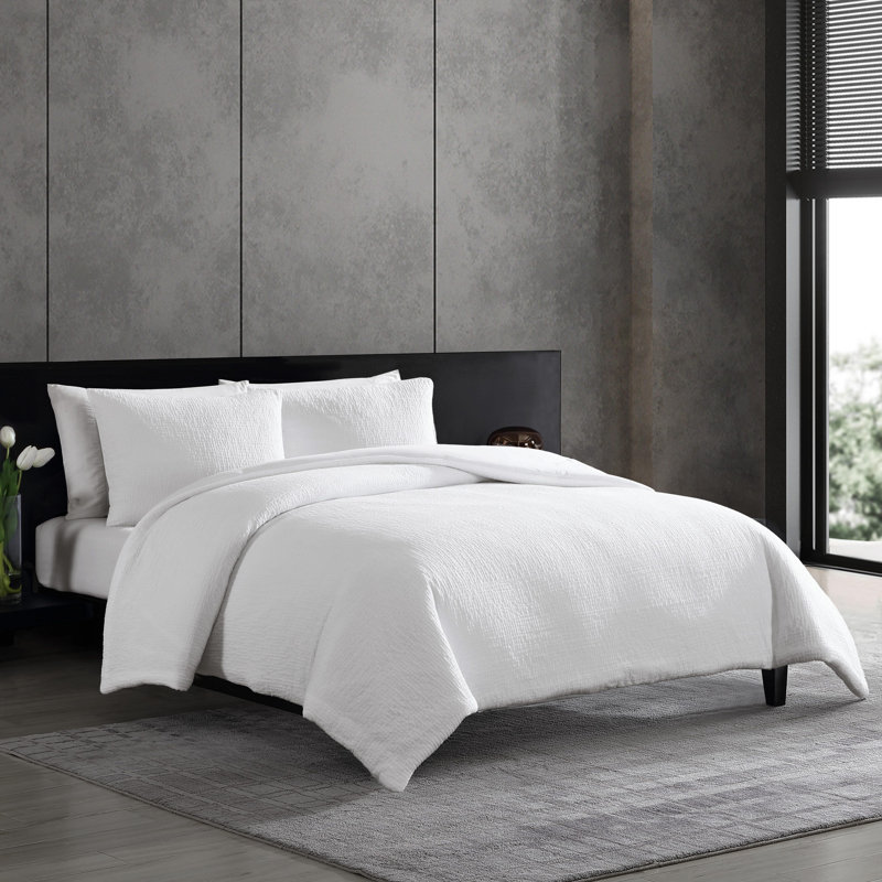Vera Wang Puckered Texture Cotton White  Comforter Set, King Comforter + 2 King Shams