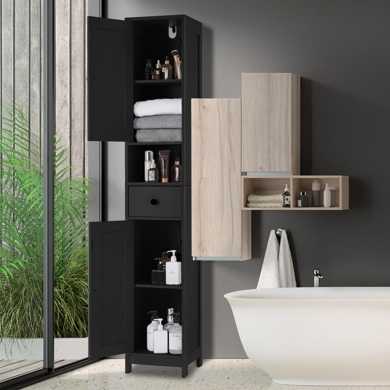 Space Saving Bathroom Cabinet, 66" Narrow Storage Cabinet with Adjustable Shelves, Black