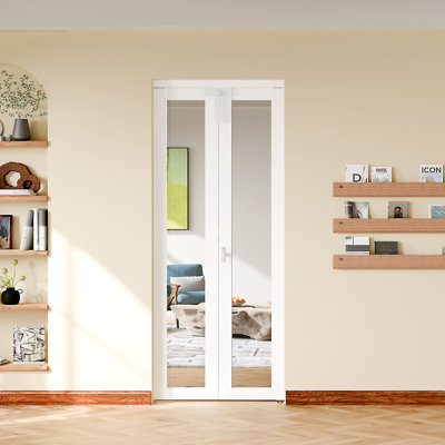 Portes pliantes - 1 porte intérieure en verre miroir pour garde-robe, bois massif avec serrure, poignée et quincaillerie.