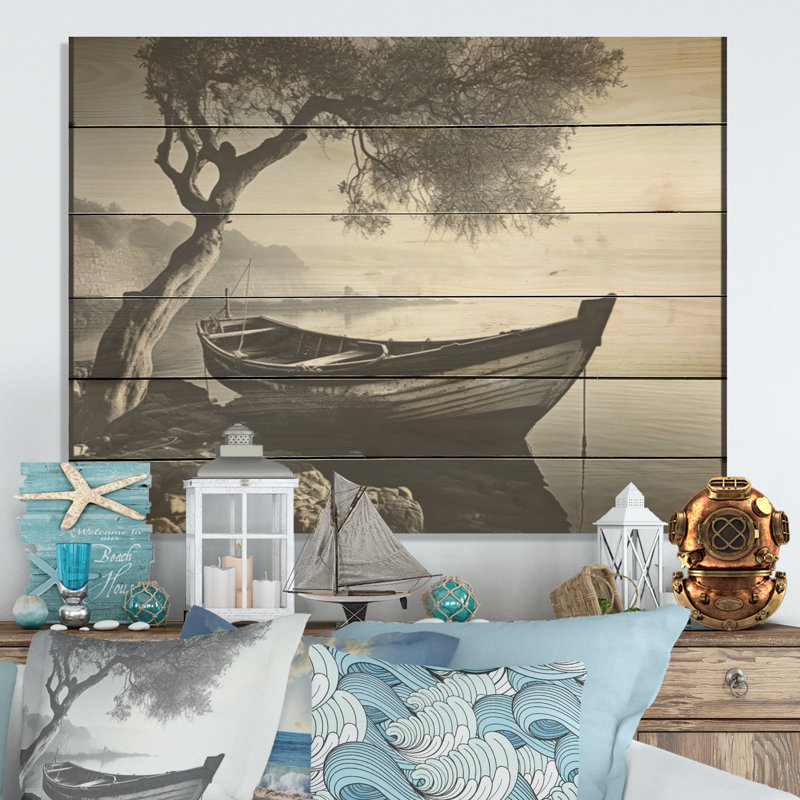 Bateau, paysage sur le lac - Bateau côtier, art mural sur bois de pin naturel, H 10 po x l 20 po
