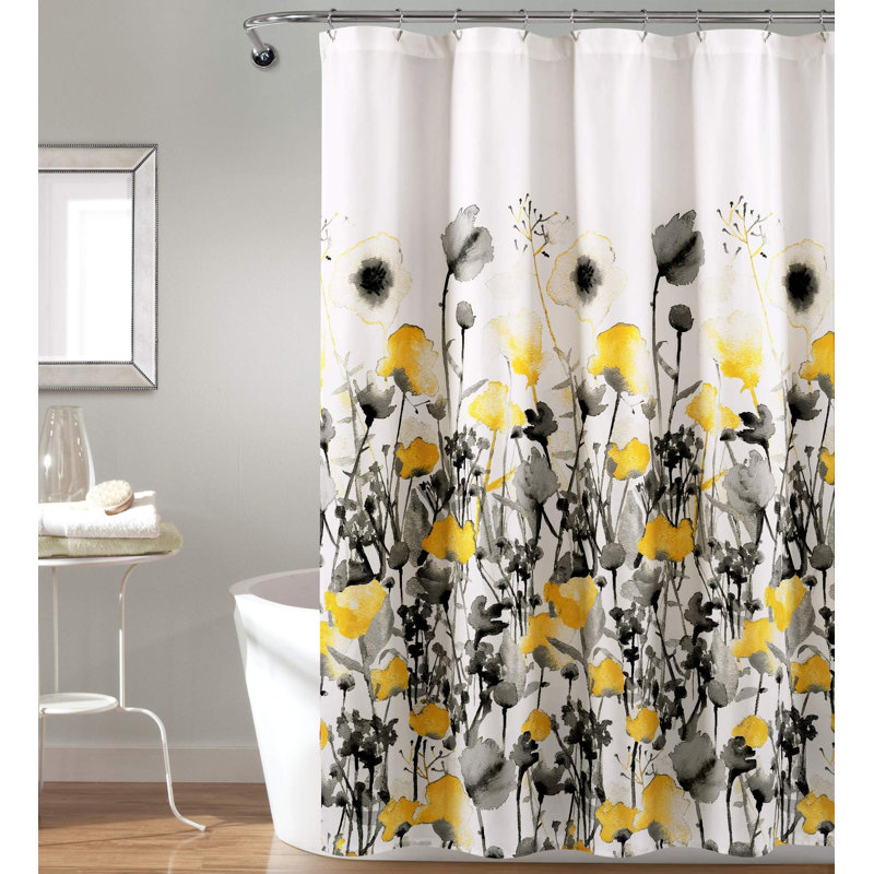 Rideau de douche jaune et gris à motif floral aquarelle, 72 po x 72 po, jaune et gris Flora