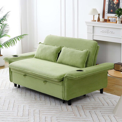 65.7" Corduroy Upholstered Pull-out Sofa With Cup Holder