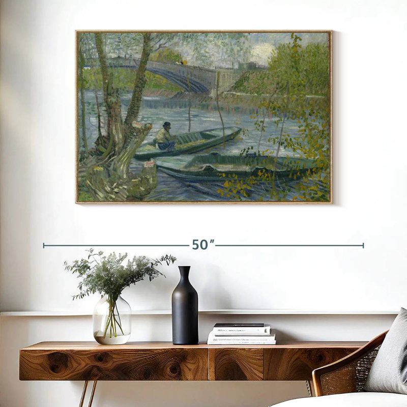 Pêche au printemps, 40 po x 27 po, Cadre flottant en bois naturel