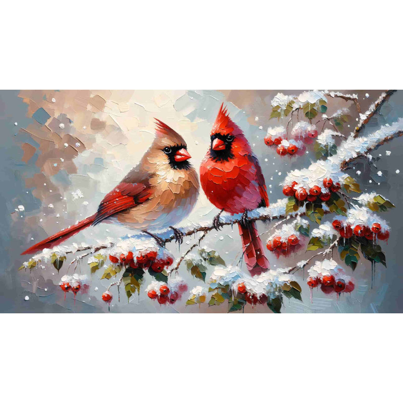 «Winter's Duet: Cardinal pair on Snowy Branch», reproduction sur toile tendue, H 20 po x l 36 po x P 1,5 po