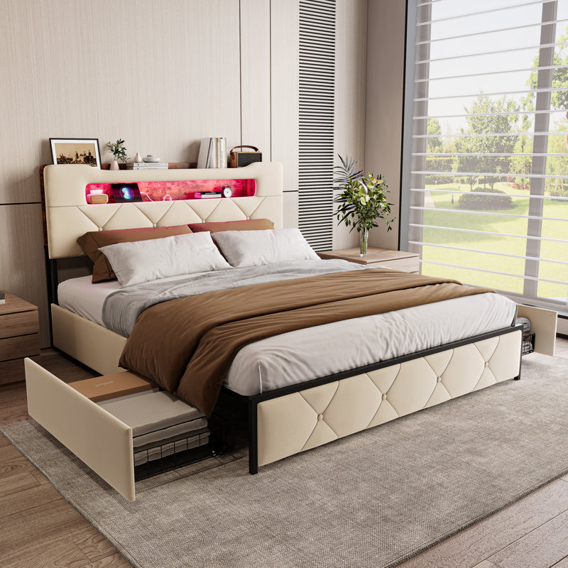 Upholstered Storage Bed, Beige, European Double (140 x 200 cm)