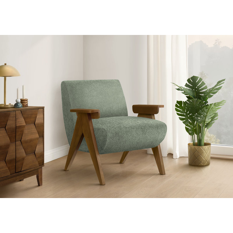 Chaise d'appoint, H 31 po, rembourrée, salon, chambre à coucher, tissu vert, bois de noyer brun, moderne, Mid-Century, Vert
