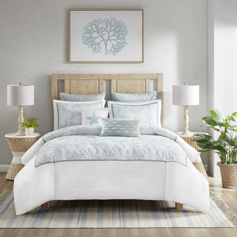 Literie King Size avec broderie de dollars des sables foncés - Housse de couette 100 % coton, fermeture à boutons, 2 taies d'oreiller, 4 attaches intérieures, broderie, style marin