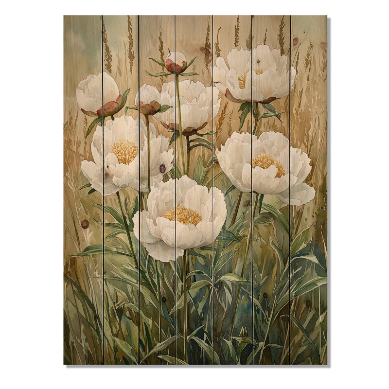 Pivoines dans un champ d'herbe ouverte I - Art mural en bois pivoines - sur bois de pin naturel